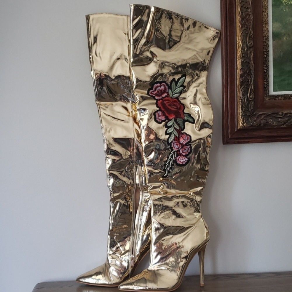 Thigh high gold embellished stiletto boots